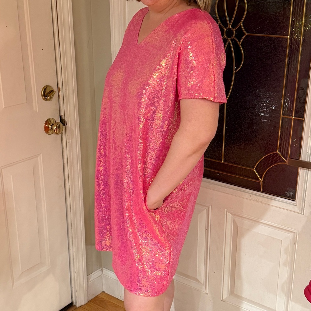 Fringe and co large pink sequin v neck dress